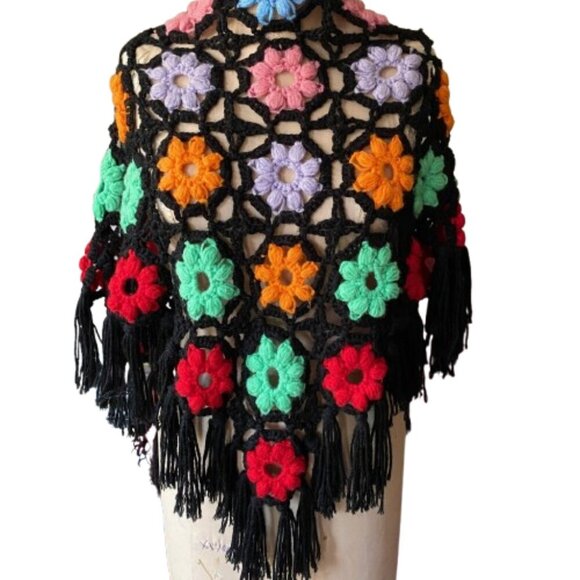 Vintage crochet knit granny flowers floral multicolor wrap scarf shawl w fringe - Picture 9 of 12
